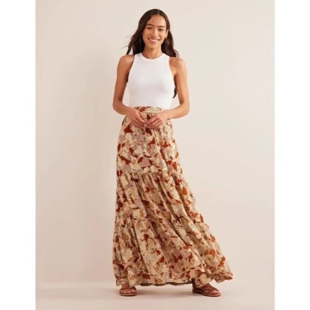 Boden Womens Skirt UK 14 US 10 Maxi Metallic Gold Lorna Tiered Pleated R0300 NWT